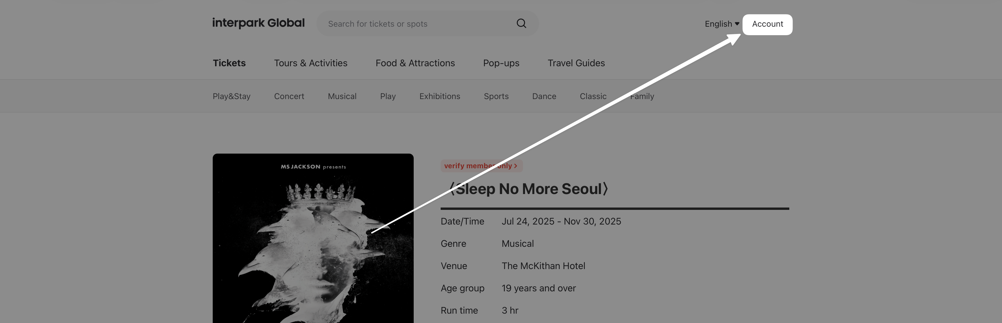 A screenshot with an arrow pointing to 'Account'