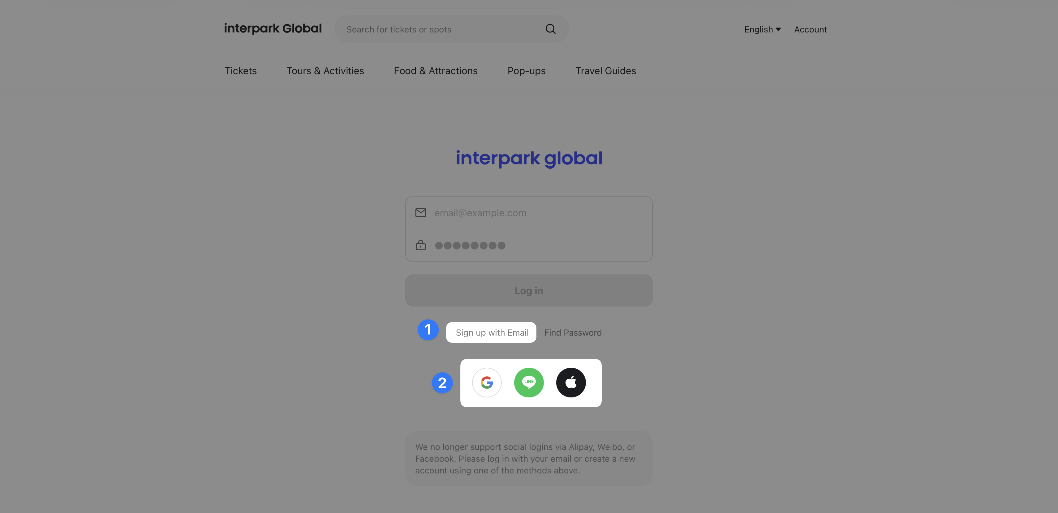 A screenshot highlighting the available signup options